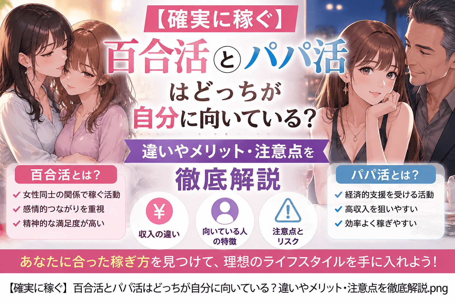 【確実に稼ぐ】百合活とパパ活はどっちが自分に向いている？違いやメリット・注意点を徹底解説